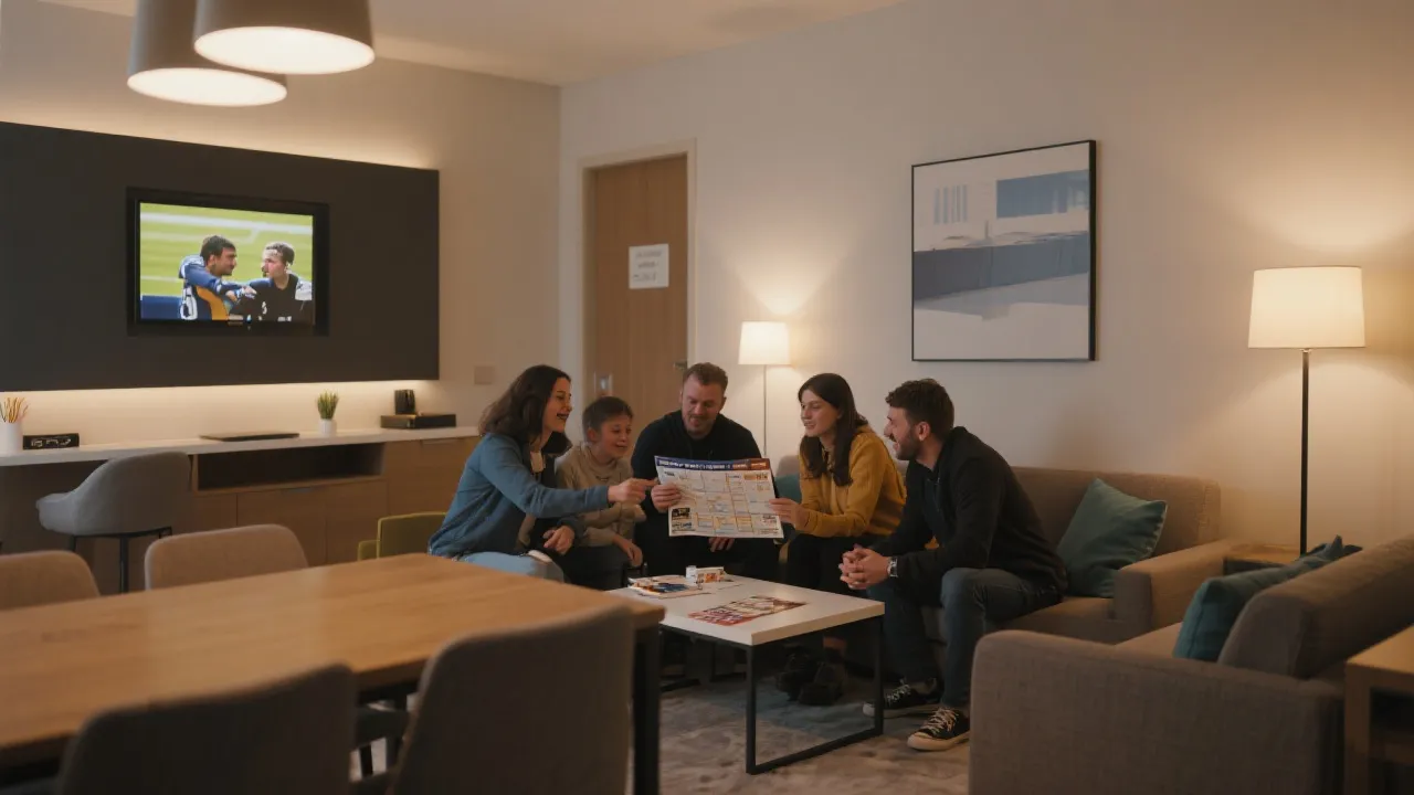 公寓式酒店客厅与餐桌，家庭与朋友围坐规划行程，温暖灯光，现代简约风