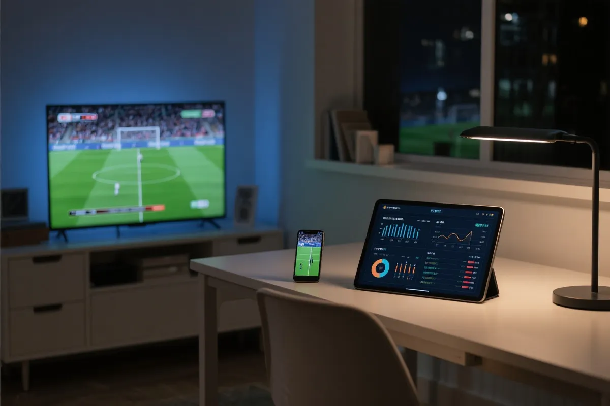 手机投屏到电视观看足球比赛，旁边放着平板显示数据面板